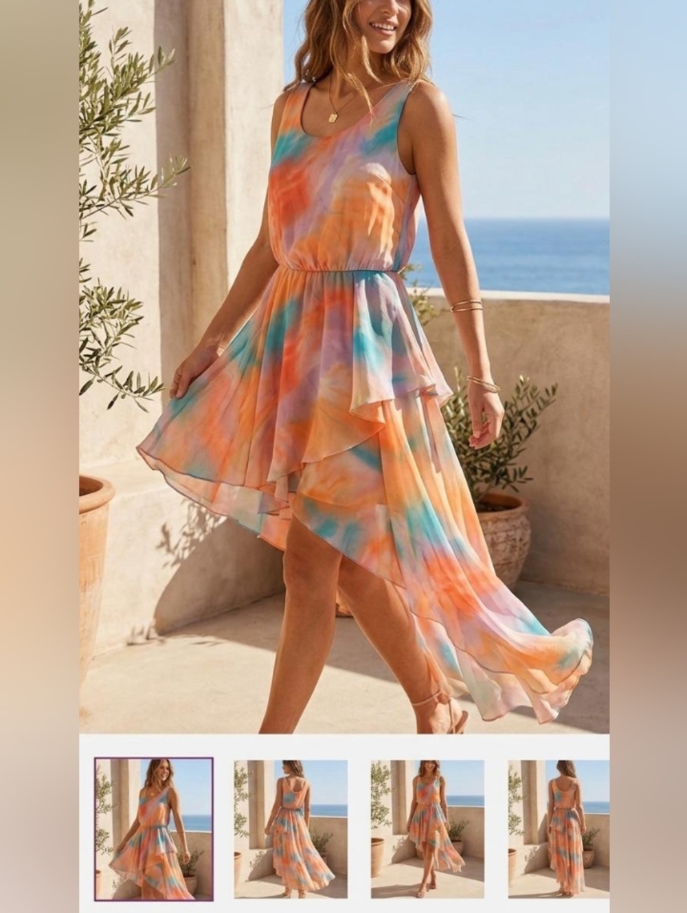 Pastel Watercolor Asymmetrical Ruffle Spring Vacation Flowy Dress S